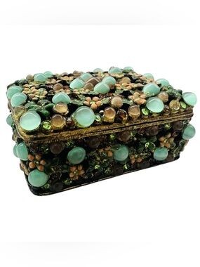Vintage Trinket Jeweled Floral Filigree Enamel Box with Lid
